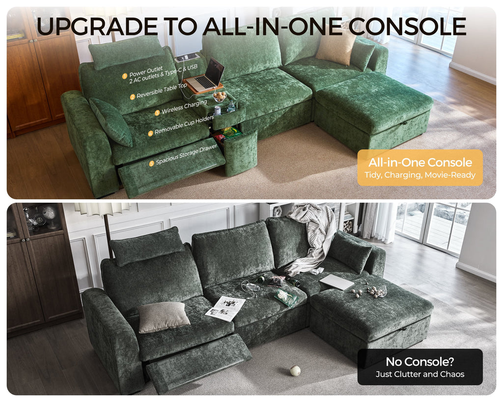 BEDEEP 133.9'' Power Recliner Sofa with Headrest Console, Modular Cloud Sectional Chenille Reclining Couch with Storage Ottoman Chaise, Convertible 6-Seater Sofa Couch for Living Room RV, Green