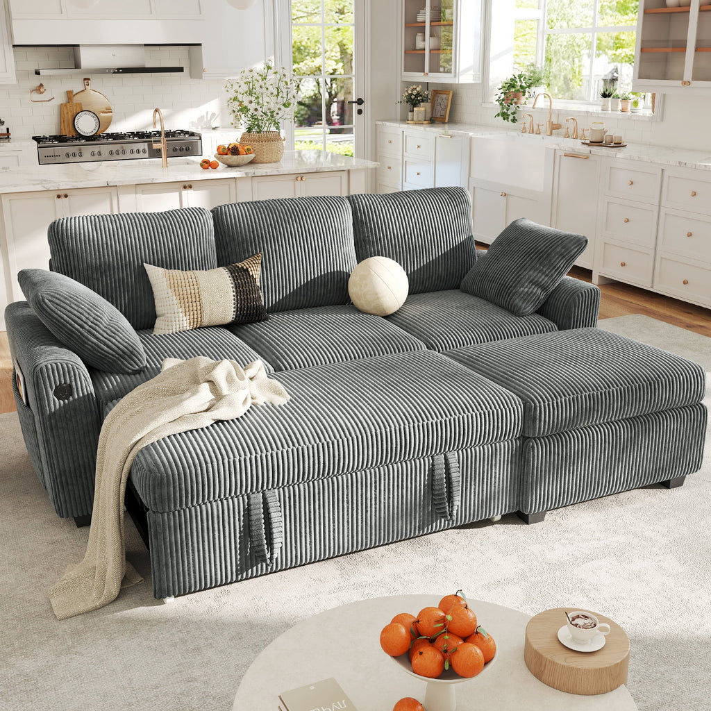  81" Sectional Sleeper Sofa With Pull Out Bed, Storage Ottoman & USB Charging, L Shape Modern Couch for Living Room, Corduroy Gray