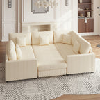 Advwin 146" Oversized Corduroy Modular Sectional Sofa, 6-Seat Convertible Sleeper Sofa with Ottoman & 5 Pillows, Modern L-Shaped Lounge Couch for Living Rooms, Beige