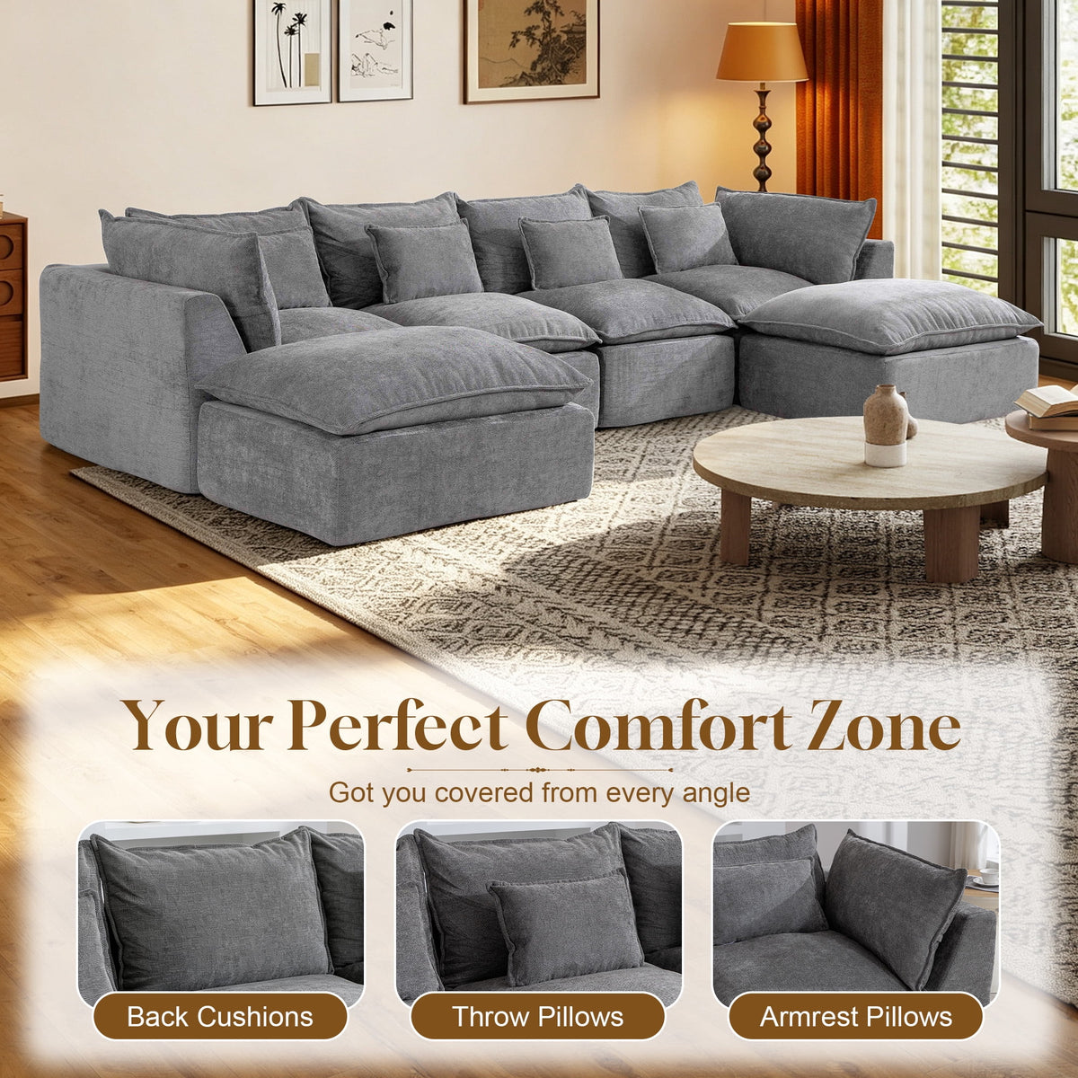 Timbernest 130" Sectional Couch, Boneless Cloud Sofa, No Assembly Required Modular U-shaped Couch for Living Room, 4 Seater, Gray