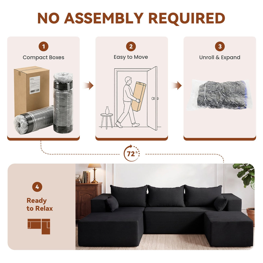 106" Cloud Sectional Boneless Couches for Living Room, Modular U Shaped Couch with Deep Seat, Removable Ottoman, Memory Foam Compressed 4 Seater Sofa for Bedroom Apartment, Black