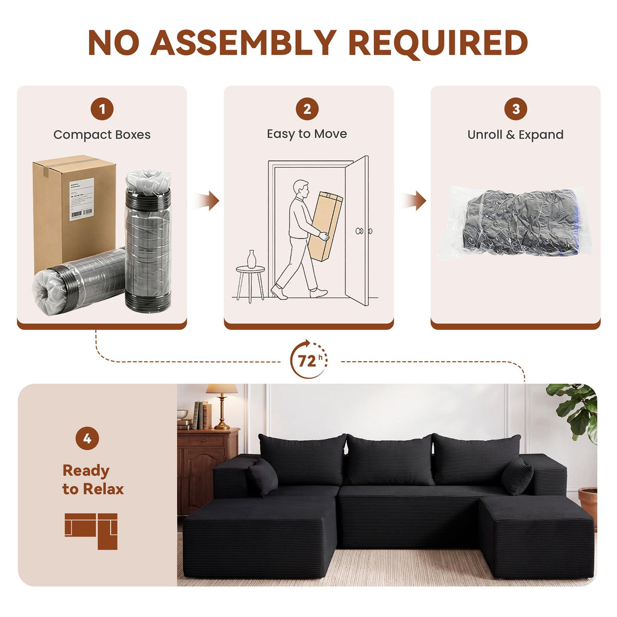  106" Cloud Sectional Boneless Couches for Living Room, Modular U Shaped Couch with Deep Seat, Removable Ottoman, Memory Foam Compressed 4 Seater Sofa for Bedroom Apartment, Black