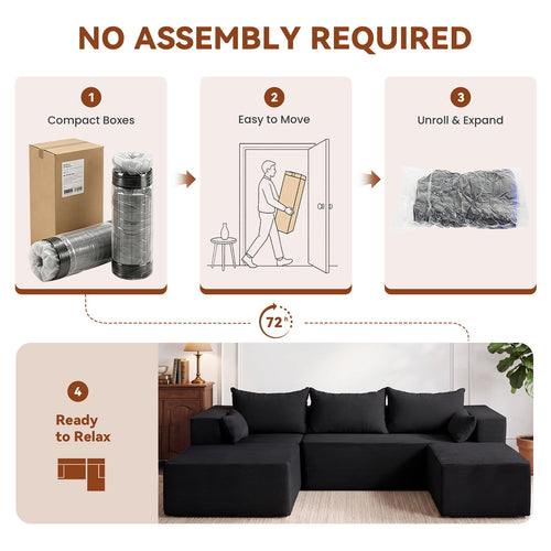  106" Cloud Sectional Boneless Couches for Living Room, Modular U Shaped Couch with Deep Seat, Removable Ottoman, Memory Foam Compressed 4 Seater Sofa for Bedroom Apartment, Black