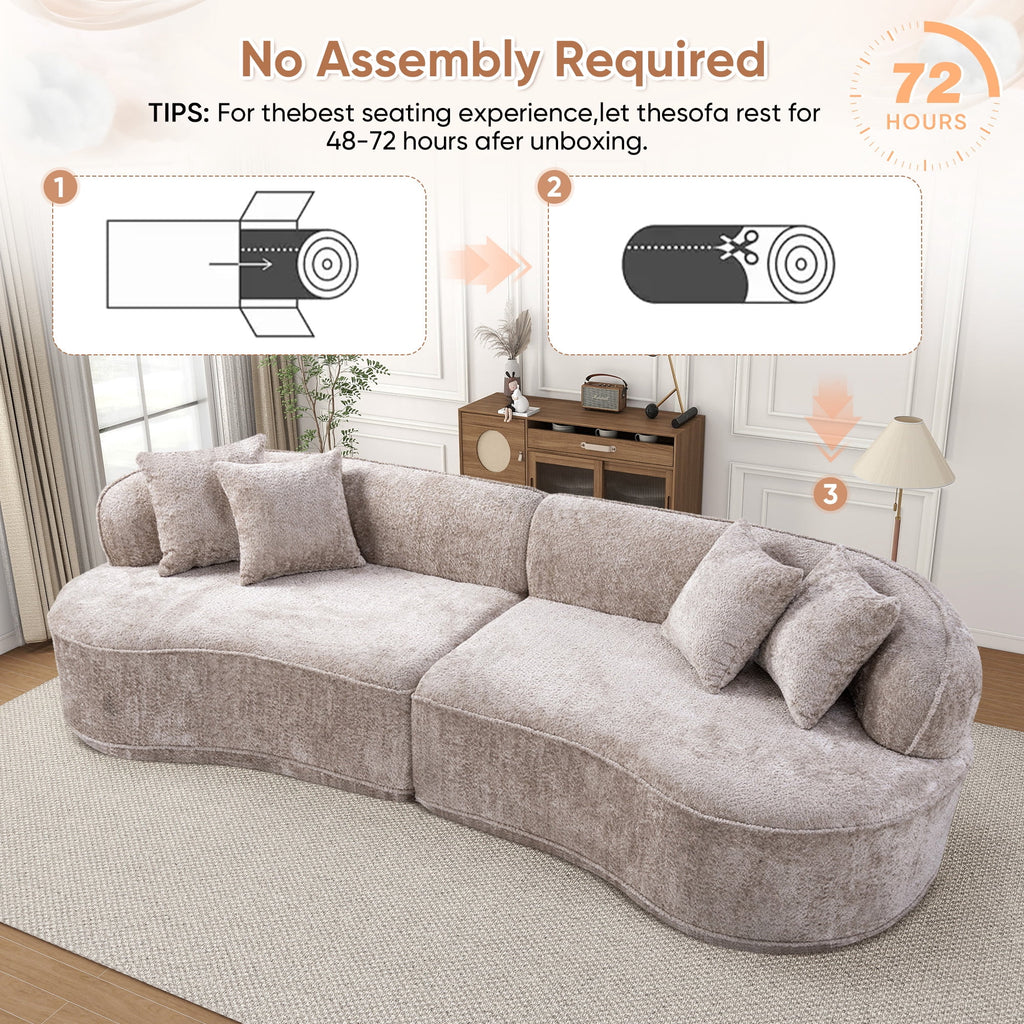 Muumblus 114" Oversized Curved Sofa, Modern Sectional Boneless Cloud Couch, No Assembly Required Floor Sofa for Living Room, Camel Boucle