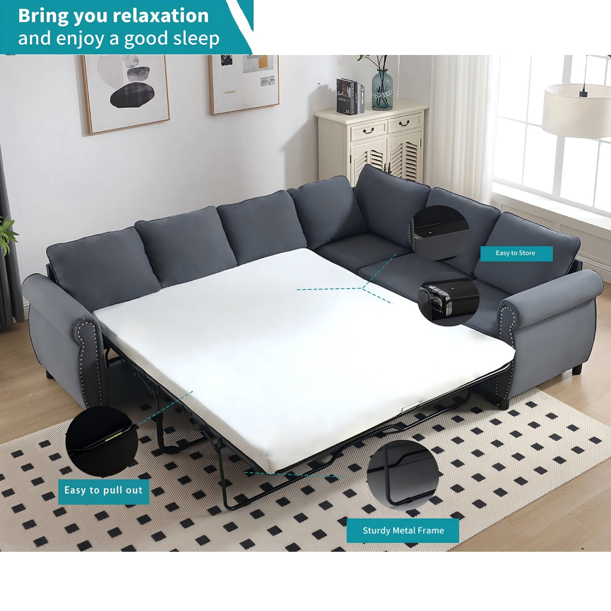  Sectional Sofa, Pull Out Sofa Bed Queen Size, 6 Seat Sofa Couch Convertible Sleeper Sofa Bed for Living Room Gray