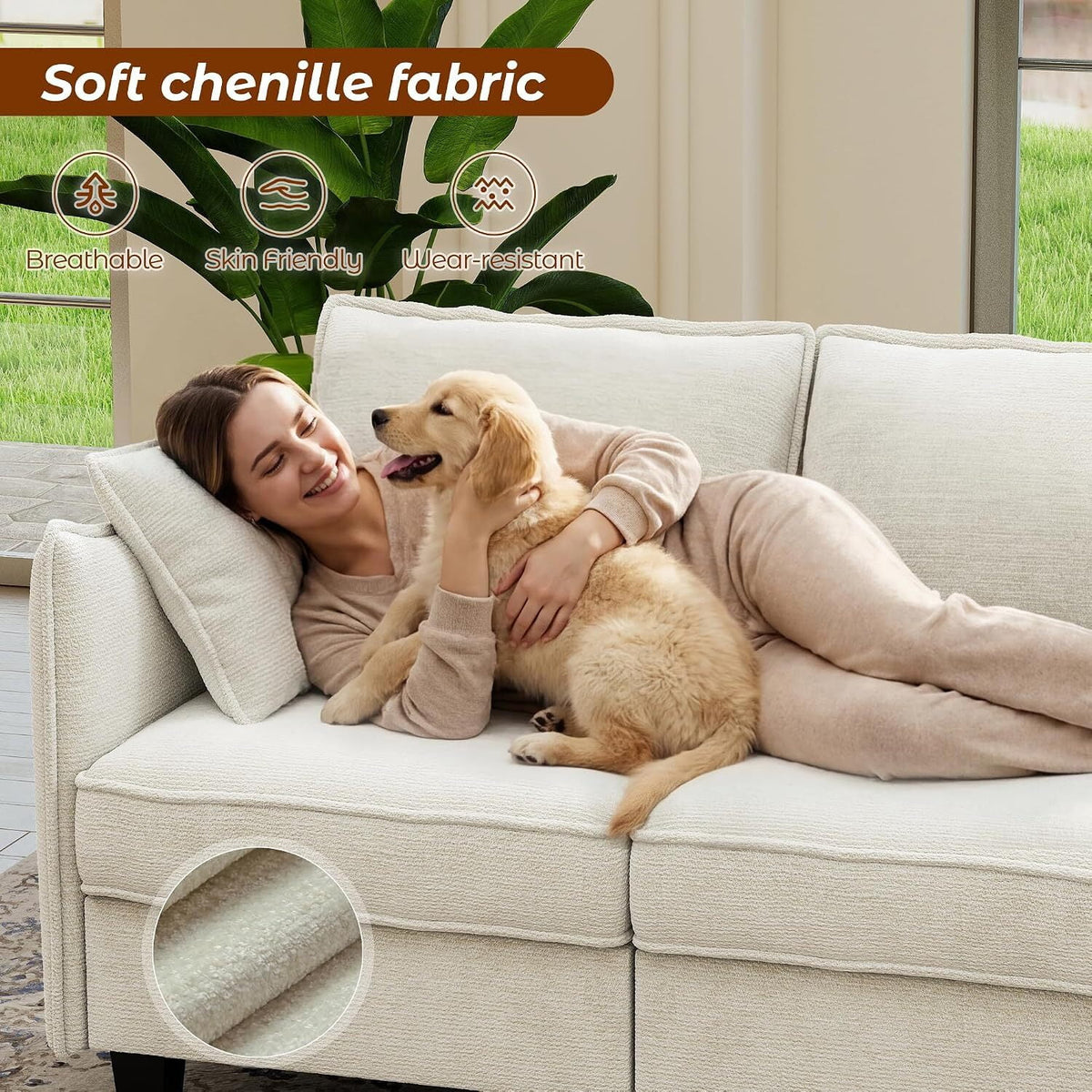  97-inch L-shaped Sofa, Upholstered Deep Seat Sofa with Cotton-Linen Brushed Fabric, Ottoman & Side pocket, 3-Seater Sofa for Living Room, Beige