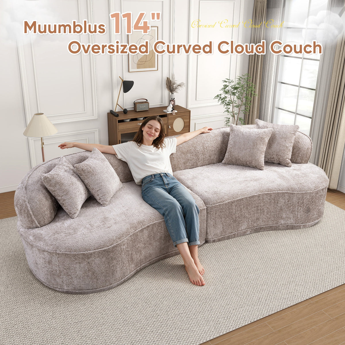 Muumblus 114" Oversized Curved Sofa, Modern Sectional Boneless Cloud Couch, No Assembly Required Floor Sofa for Living Room, Camel Boucle
