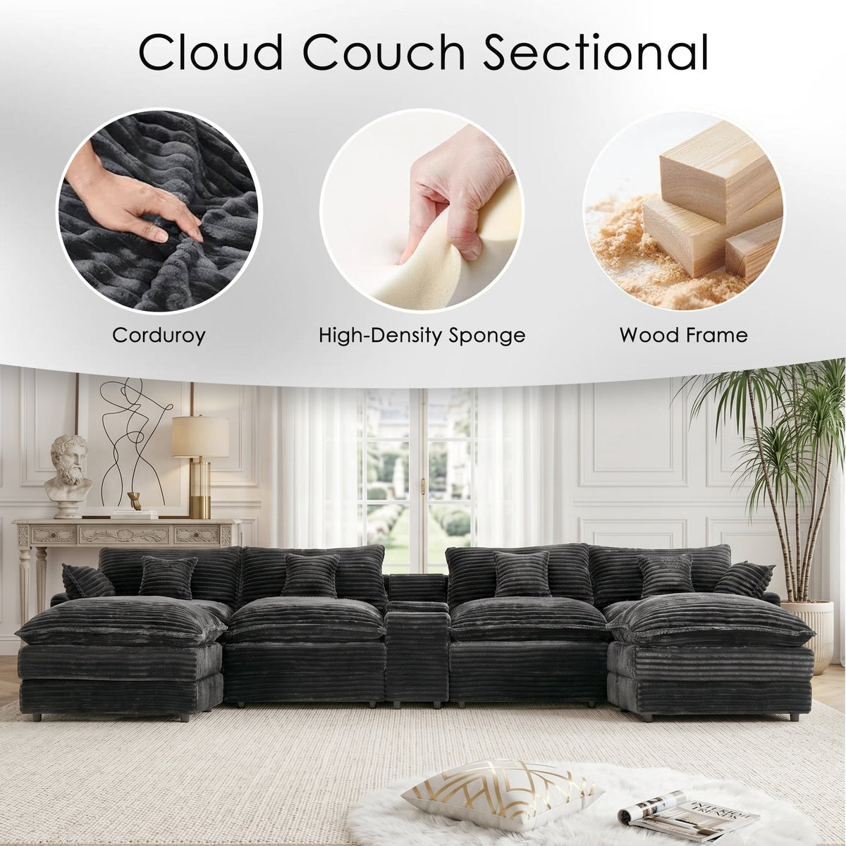 ANPPORT 145" U Shaped Cloud Modular Sectional Sofa, Corduroy Deep Seat Couch with Storage Console, USB Ports & Cup Holders for Living Room, Gray