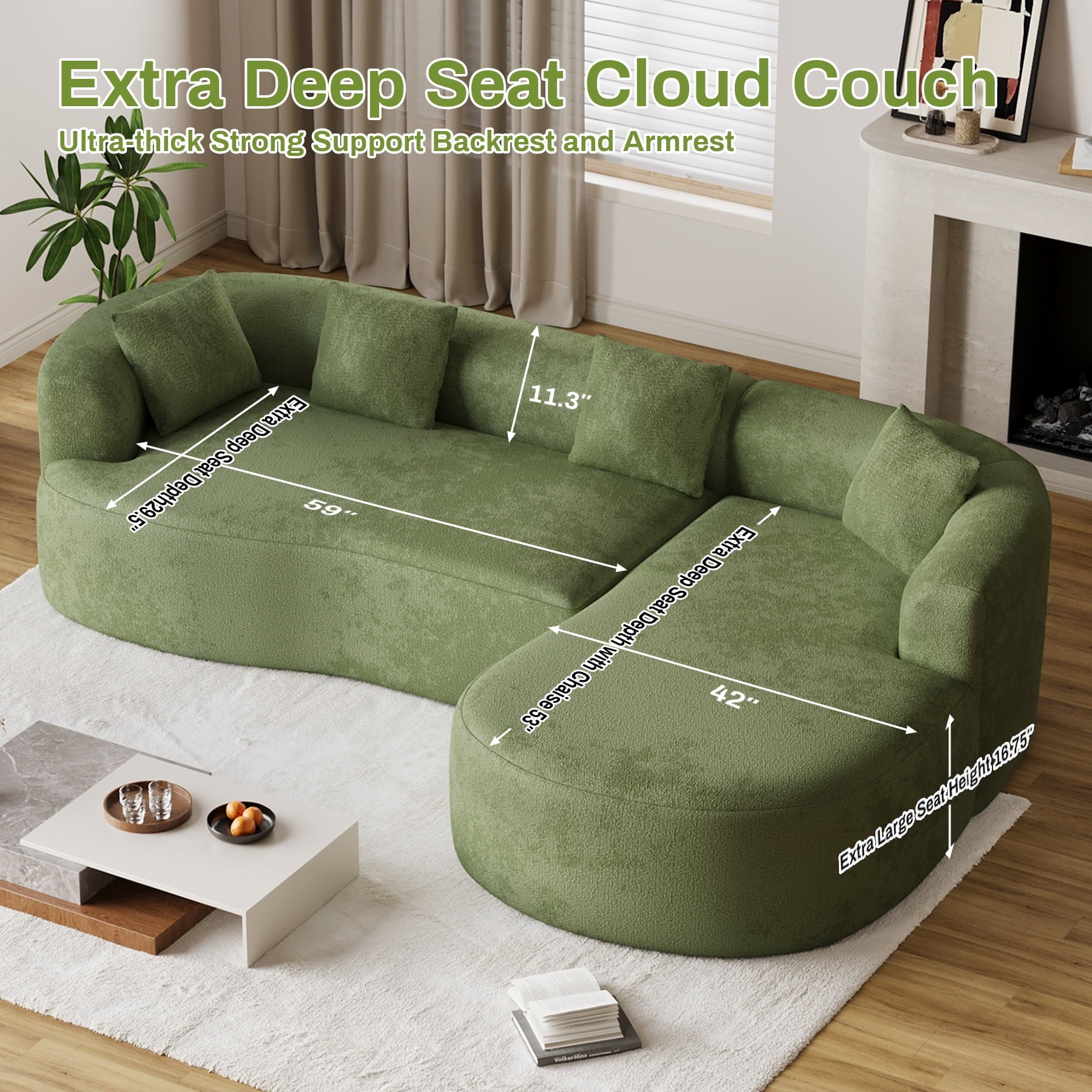 Wiilayok 110" Chenille L Shaped Sectional Sofa,Curved Sofa Couch with Right Chaise,Cloud Compression Deep Seat Sofa Couches for Living Room,No Assembly,Green