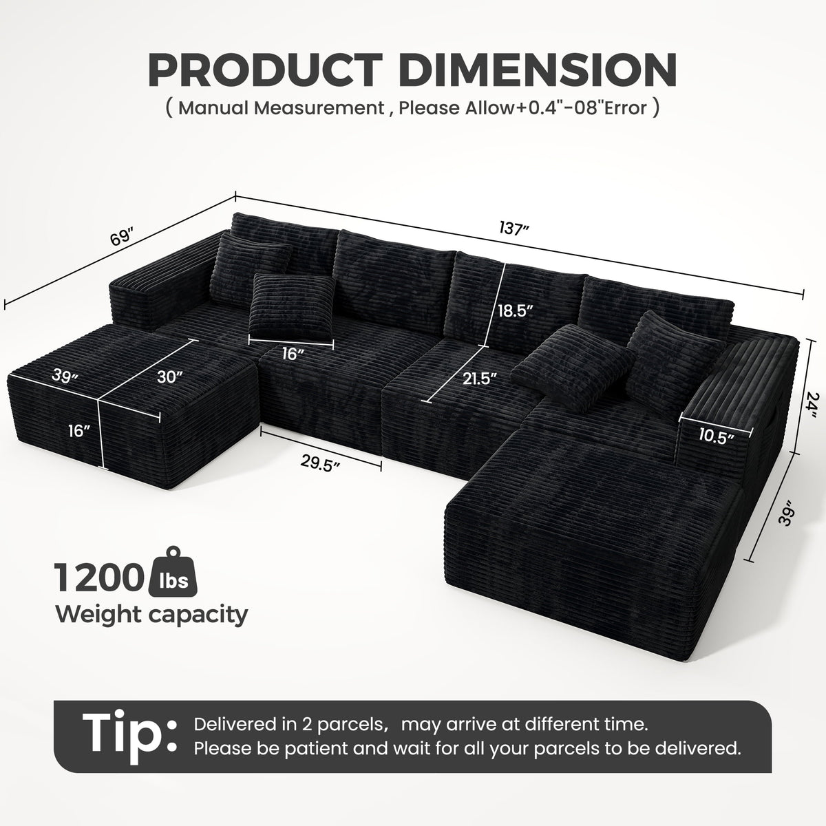 137" U-Shaped Sectional Sofa with Chaise, Modular Cloud Sectional Couch with Deep Seat for Living Room, Modern Boneless Couch with Back Cushion, Pillow, Ottoman, No Assembly Required, Corduroy Fabric