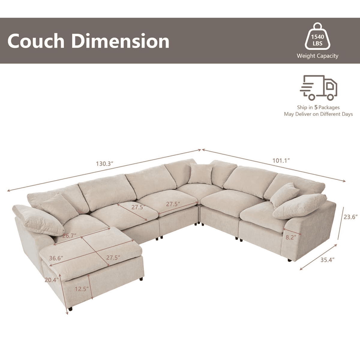 GNIXUU 7-Seater Oversized Modular Sectional Sofa Couch,Chenille Cloud Corner Sofa Modern U-Shaped Comfy Couches with Ottoman for Living Room, Office,Spacious Space,Beige