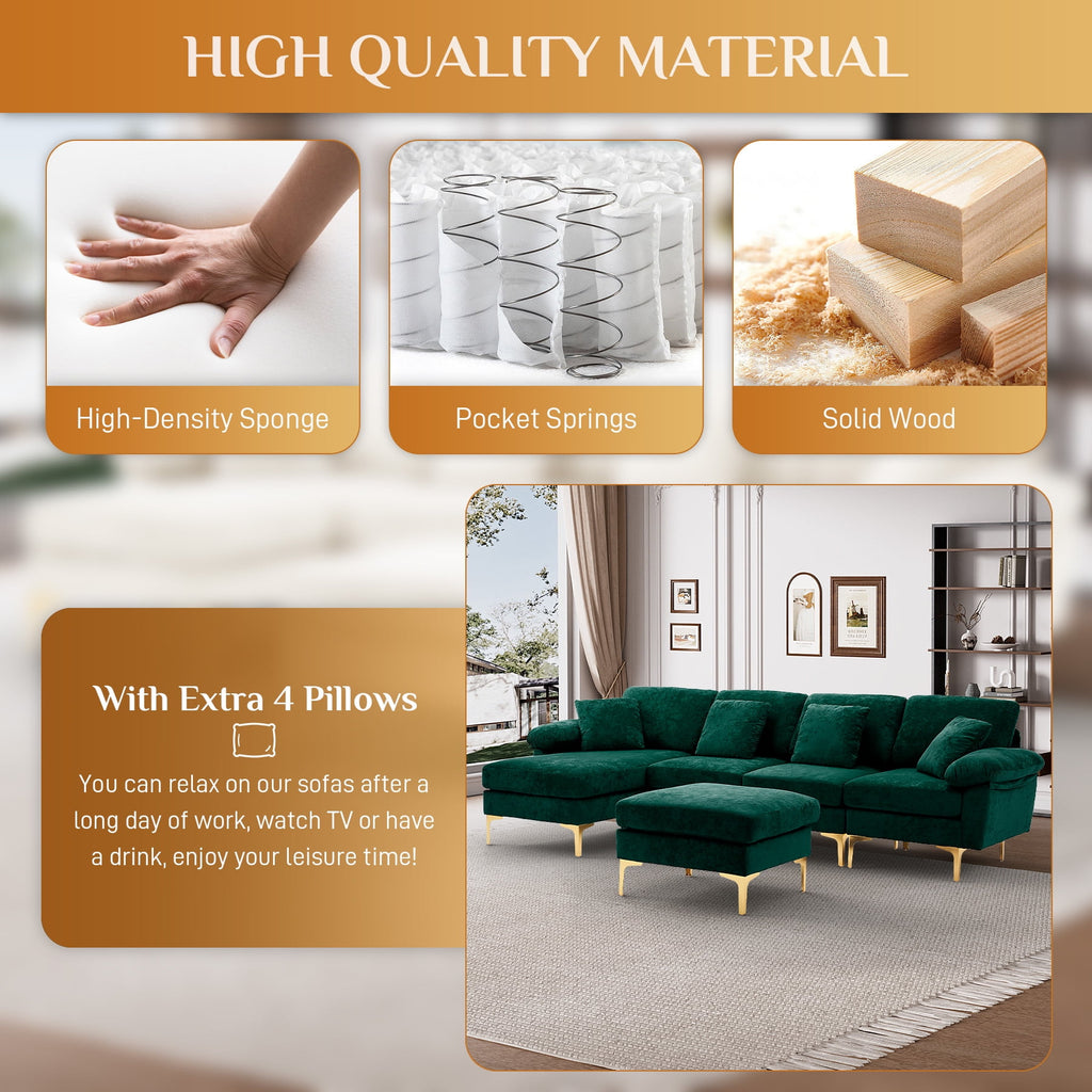 Wiilayok 114" U-Shaped Sectional Sofa,Velvet Modular 4 Seat Sofa Set for Living Room,Convertible L Shaped Sofa Couch Set with Chaise Lounge, Ottoman and Pillows
