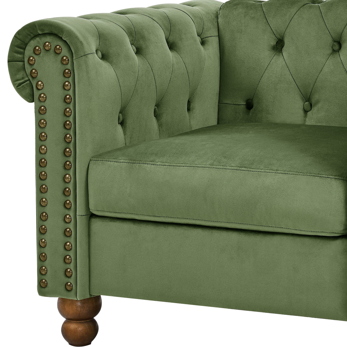 AmoDwell Tufted Velvet Sofa Couch for Living Room, Plush Rolled Arm 3-Seater Sofa Couch with Nailhead Trim and 2 Neck Roll Pillows, Small Apartment Chesterfield Sofa