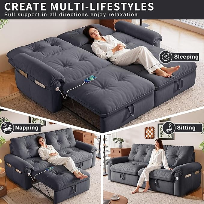 3-in-1 Convertible Sofa Bed, 77" Queen Size Loveseat Sleeper with Pull Out Bed,USB and Side Storage Pockets,Modern 2 Seater Small Couch for Apartment Living Room, Velvet Fabric,RV-Friendly,Dark Gray