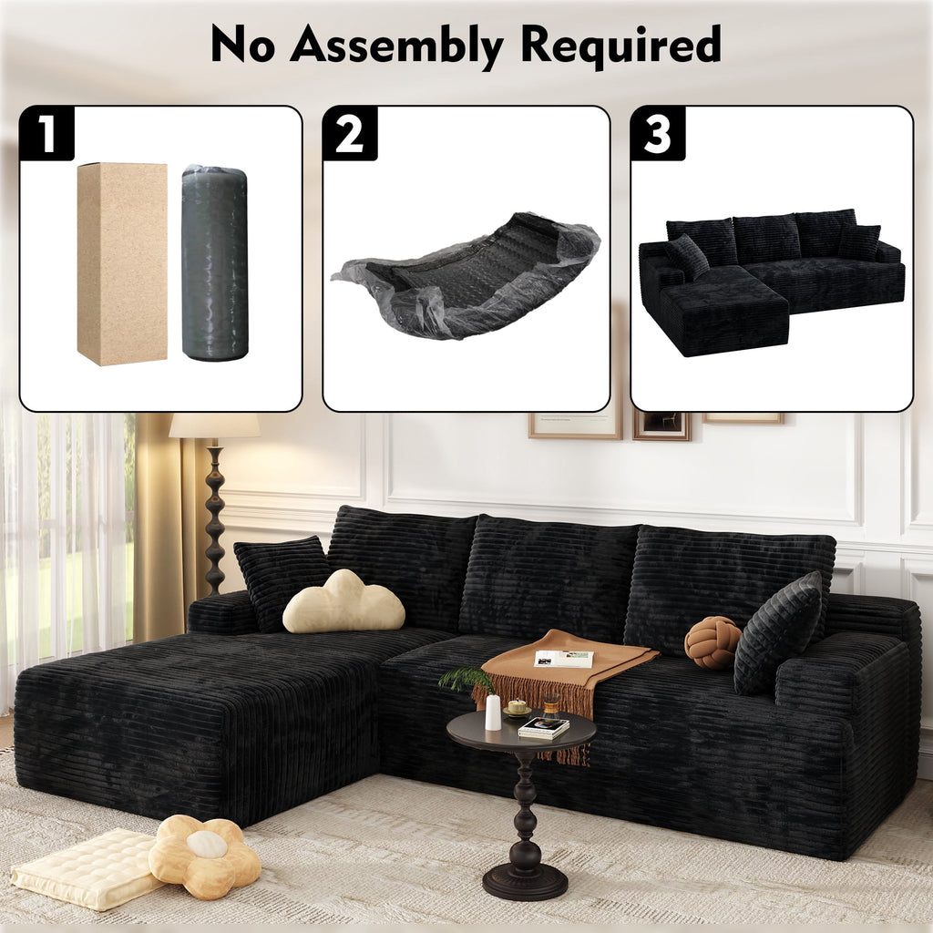 104 Modular L-Shaped Sectional Sofa with Chaise - No Assembly Required Boneless Corduroy Couch, High Resilience Foam, Deep Black