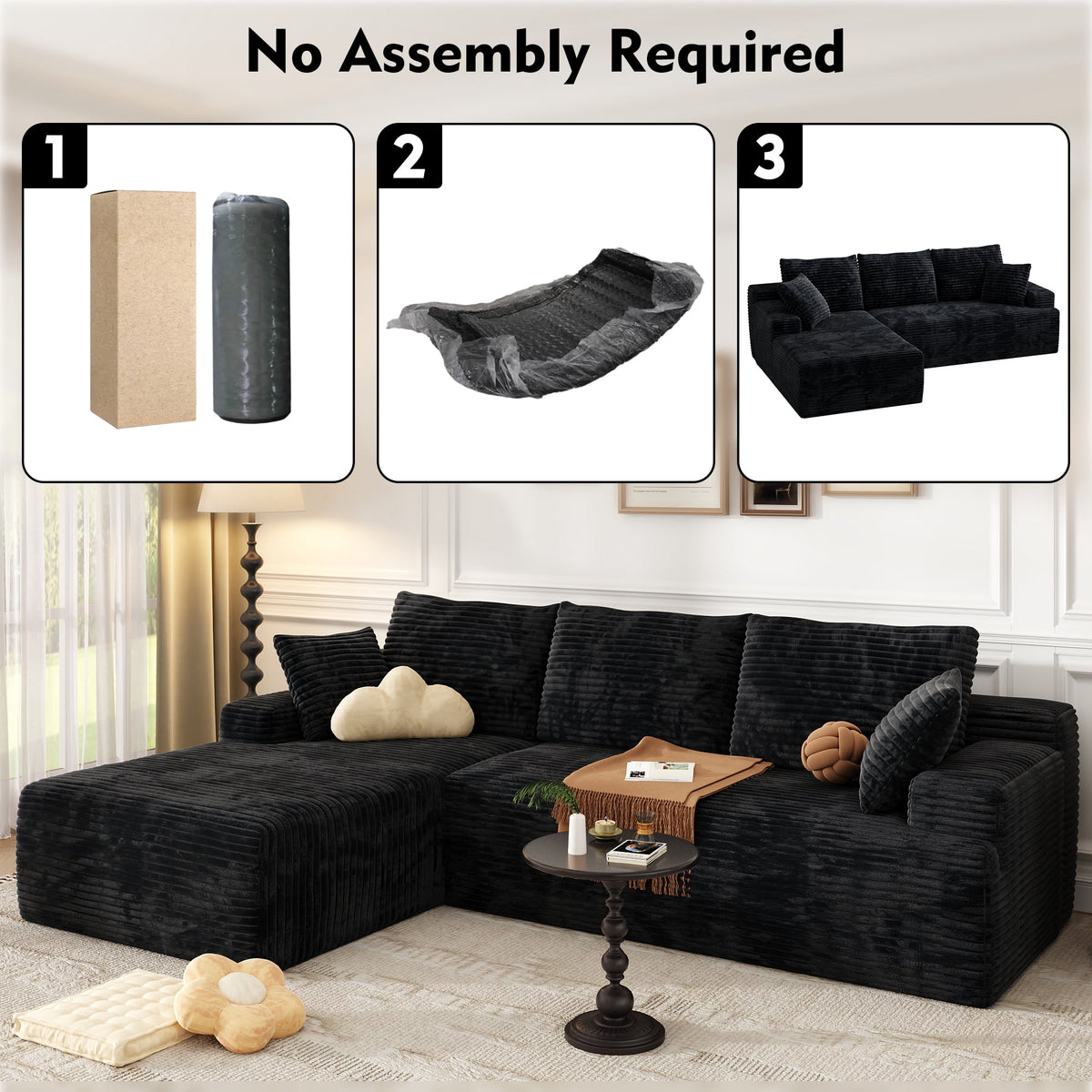 104 Modular L-Shaped Sectional Sofa with Chaise - No Assembly Required Boneless Corduroy Couch, High Resilience Foam, Deep Black