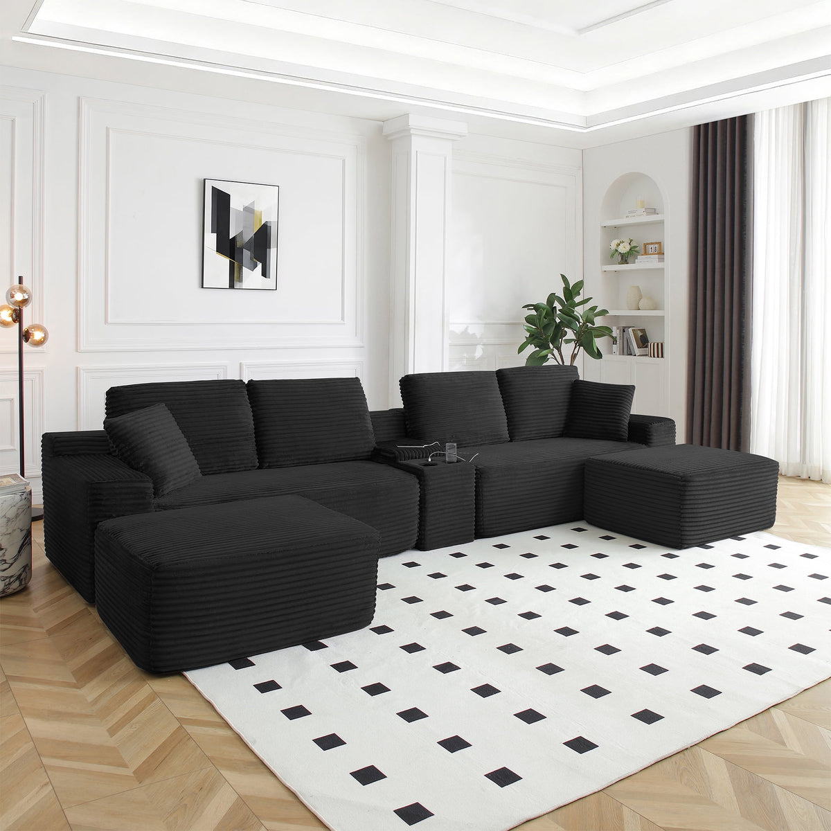  125 Inch Oversized Modern Cloud Couch, Modular Sectional Sofa Couch for Living Room, U Shape Couches with 2 Ottomans, USB Ports and Cup Holders, Corduroy Boneless Sofas, Black