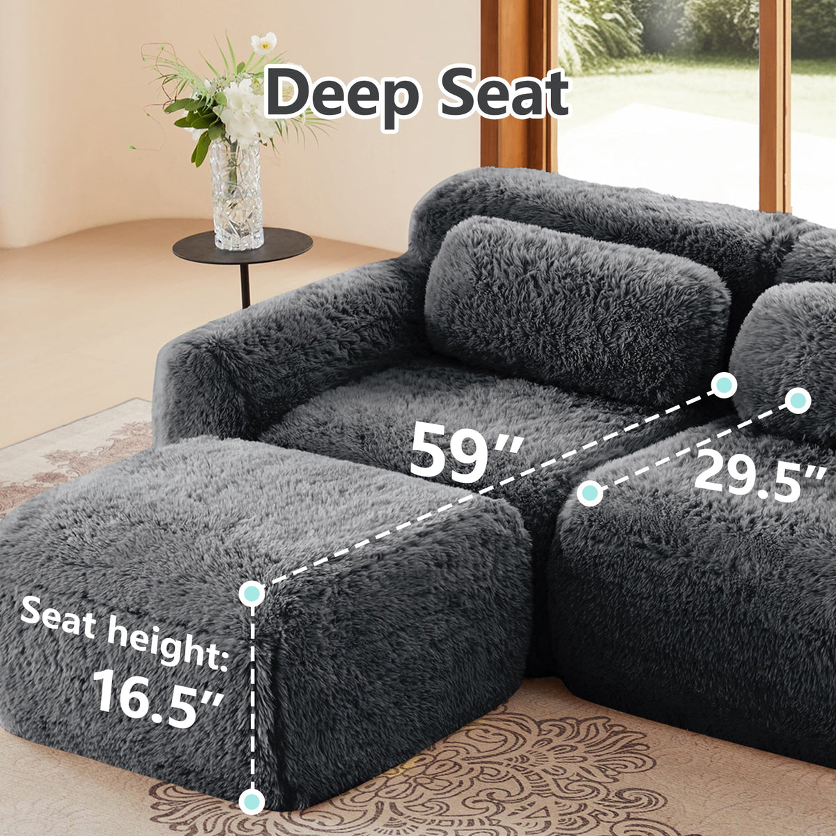 Homefun 114" L-Shaped Plush Sectional Sofa with Movable Ottoman No Assembly 32D Sponge Anti-Slip Bottom,Dark Grey