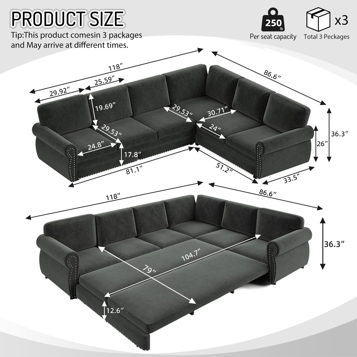  Sectional Sofa, Pull Out Sofa Bed King Size, 6 Seat Chenille Sofa Couch Convertible Sleeper Sofa Bed for Living Room Dark Gray