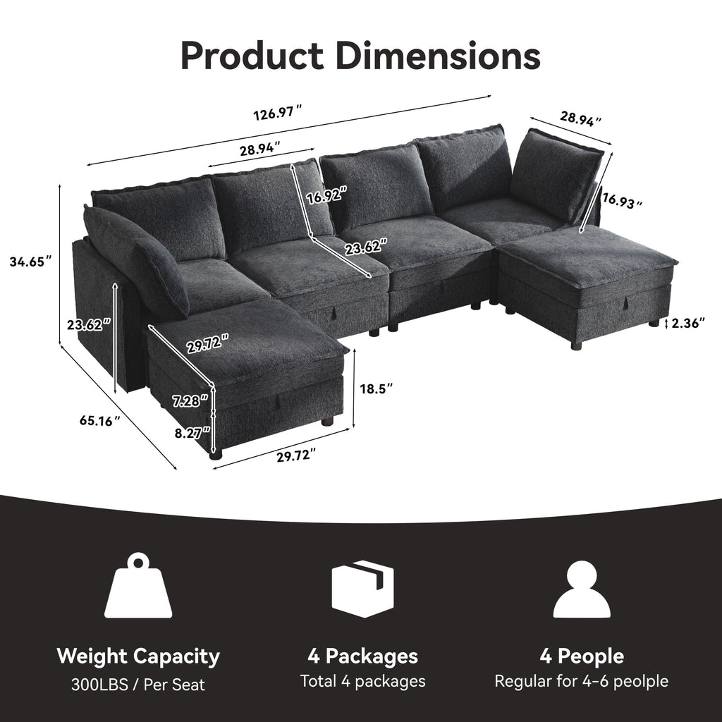  126" Modular Sectional Sofa with Storage, U-Shaped Modern Sleeper Sofa Couch with Movable Ottomans for Living Room, Office, Dark Gray