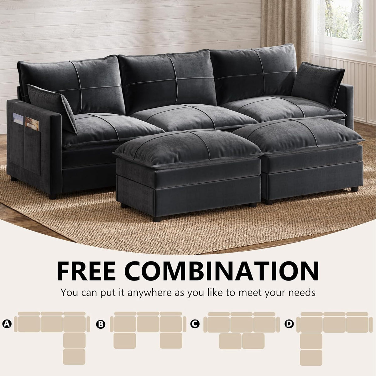 FANRAL 108" U-Shaped 5 Seat Modular Sectional Sofa, Sleeper Couch with Ottoman & Side Pockets, Modern Deep Seat Cloud Couch with Chaise for Living Room Bedroom Office,Gray Sectional Couch