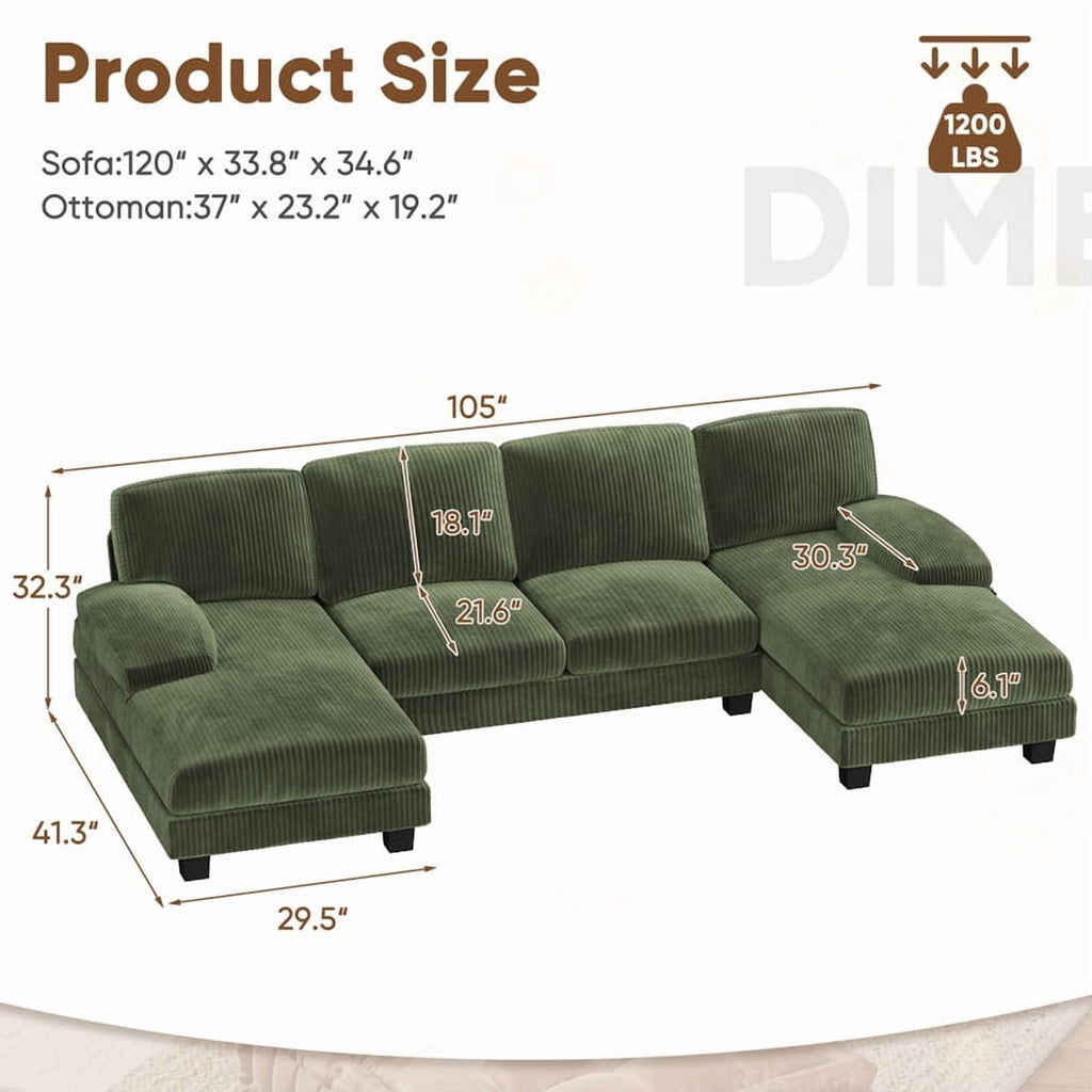  U Shaped Sectional Sofa Couch with Double Chaise for Apartments,Corduroy Green