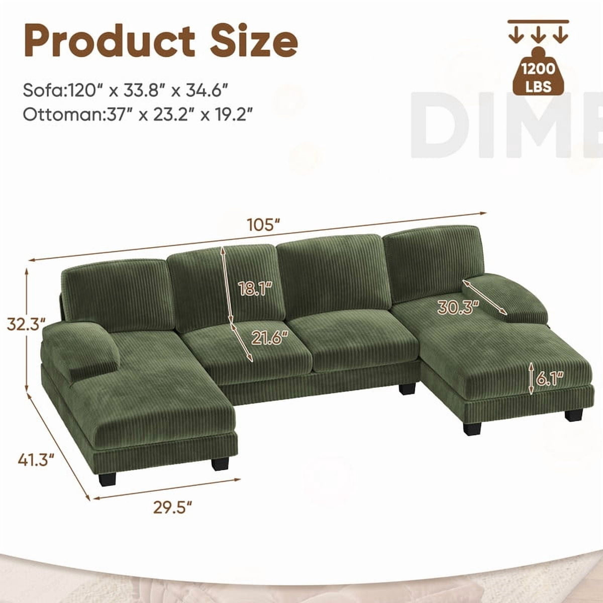  U Shaped Sectional Sofa Couch with Double Chaise for Apartments,Corduroy Green