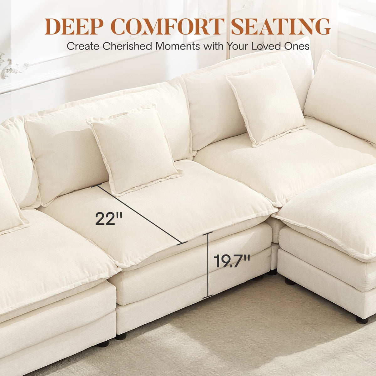 ATHOPE 112" Modular Sectional Sofa, L Shaped Cloud Couch with Movable Ottoman, Comfy Chenille Deep Seat Sofa with Throw Pillows, 3 Seat Modern Couches for Living Room Bedroom Apartment, Beige