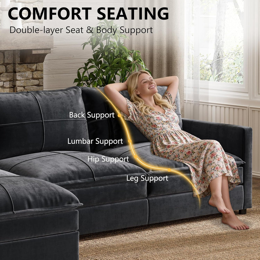 FANRAL 108" U-Shaped 5 Seat Modular Sectional Sofa, Sleeper Couch with Ottoman & Side Pockets, Modern Deep Seat Cloud Couch with Chaise for Living Room Bedroom Office,Gray Sectional Couch
