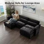  113" Modular Sectional Sofa, U-Shaped 3 Seater Cloud Couch with Movable Ottoman, Deep Seat Chenille Sofa with USB Charging Ports & Side Pockets for Living Room, Black