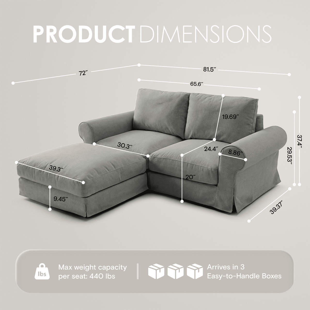 Vorthio 81.9" Oversized Loveseat Cloud Couch with Ottoman, Deep Wide Seat Slipcovered Sofa, Rolled Arms, Washable Fabric, Easy Assembly, Grey