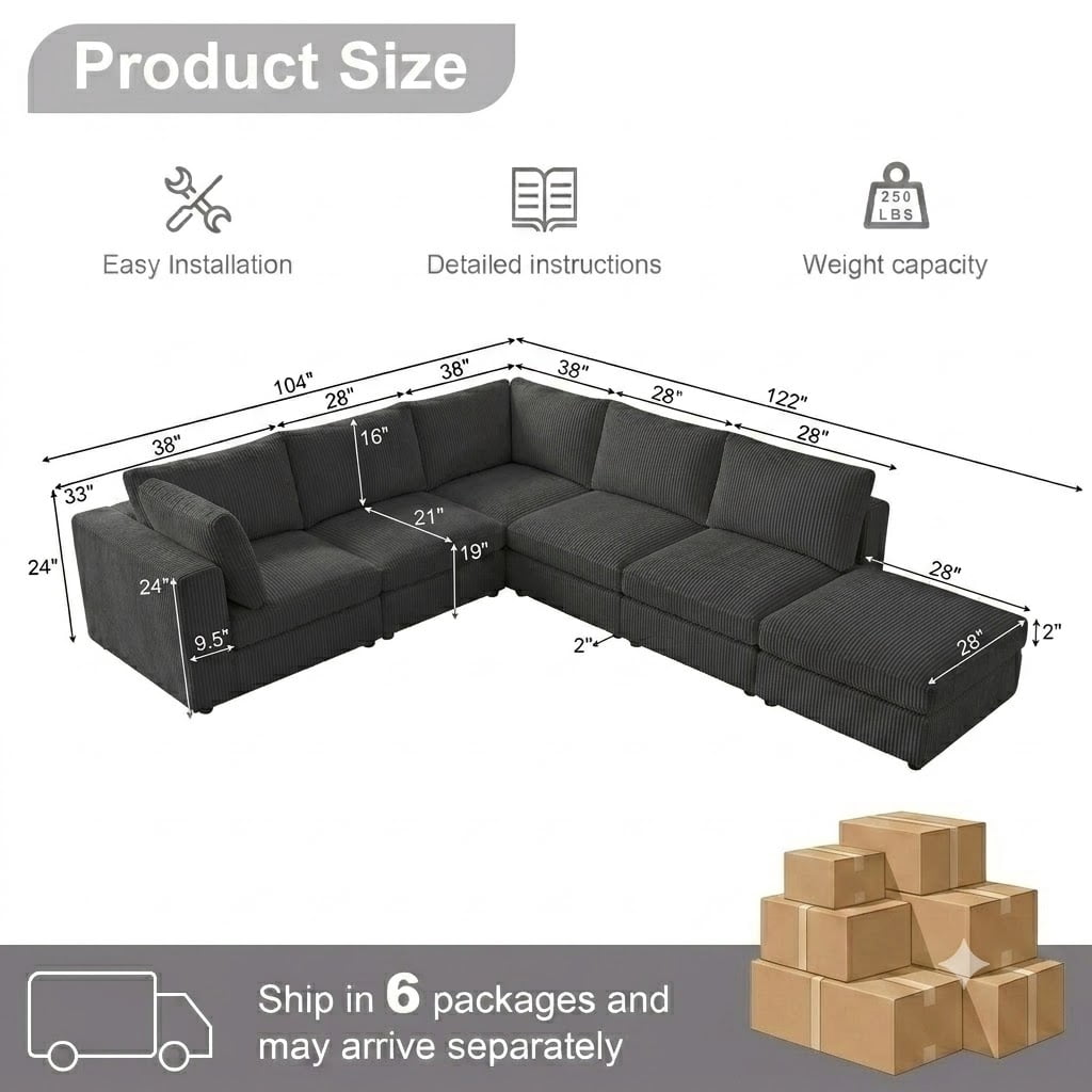  Cloud Couch Modular Sectional Sofa 6 Seat 122" L Shaped Reversible Convertible Couch, Corduroy Thick Cushion with Movable Ottomans, Washable Removable Cover for Living Room,Black