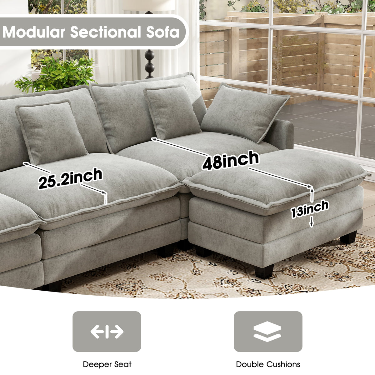  111.5'' Modular Sectional Sofa with Movable Ottomans, U Shaped Cloud Couch for Living Room, 3-Seat, Grey