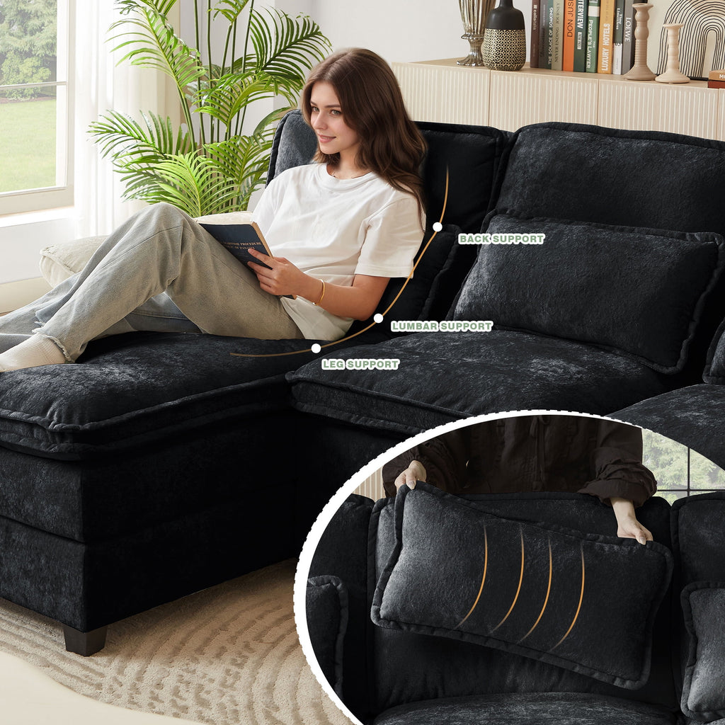  113" Sectional Sofa Oversized U Shaped Couch with Double Chaise,Cloud Couch with 4 Waist Pillows,Modern Linen Seating Furniture for Living Room Office Studio Apartment,Black