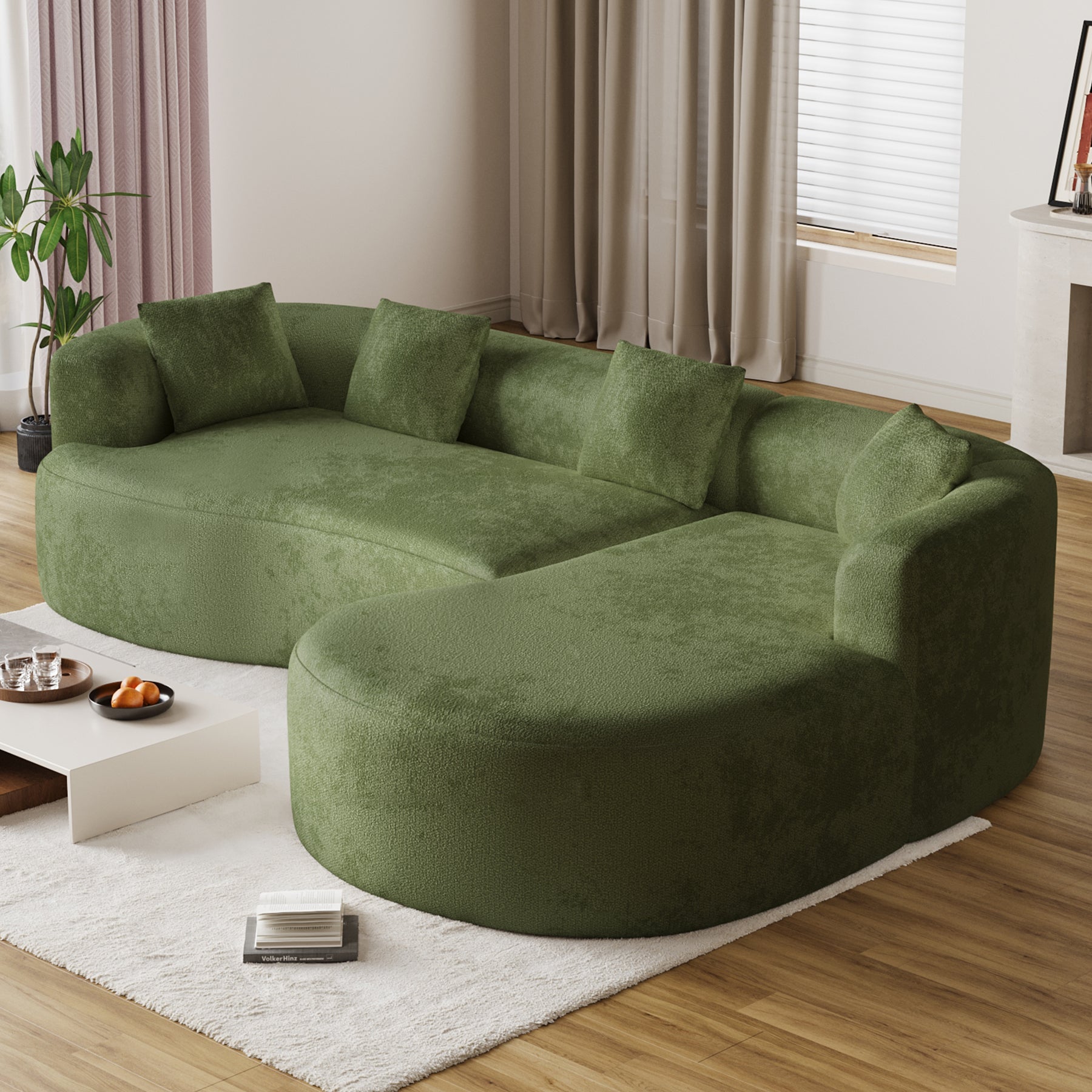 Wiilayok 110" Chenille L Shaped Sectional Sofa,Curved Sofa Couch with Right Chaise,Cloud Compression Deep Seat Sofa Couches for Living Room,No Assembly,Green