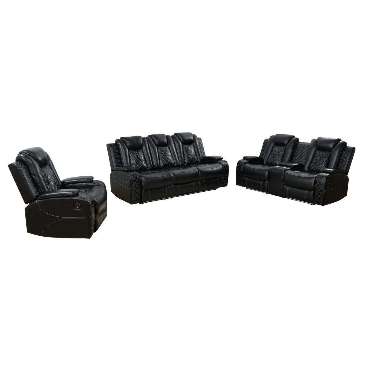  Black 3-Piece Multifunctional Smart Sofa with Console & Cup Holders, Solid Wood Frame, Double-Layer Springs and Air Leather