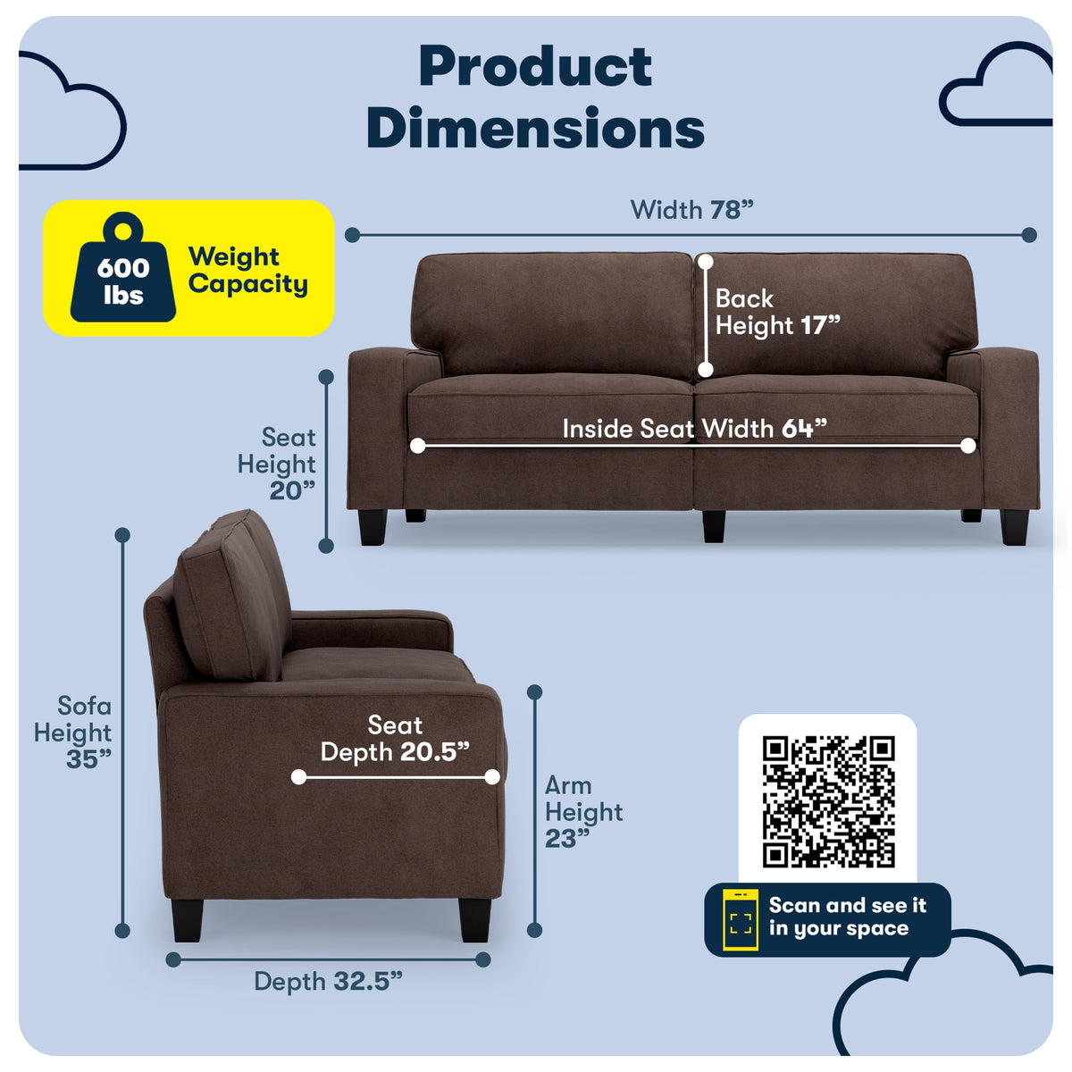 Serta Palisades 78" Track Arm Sofa with Removable Covers Dark Brown