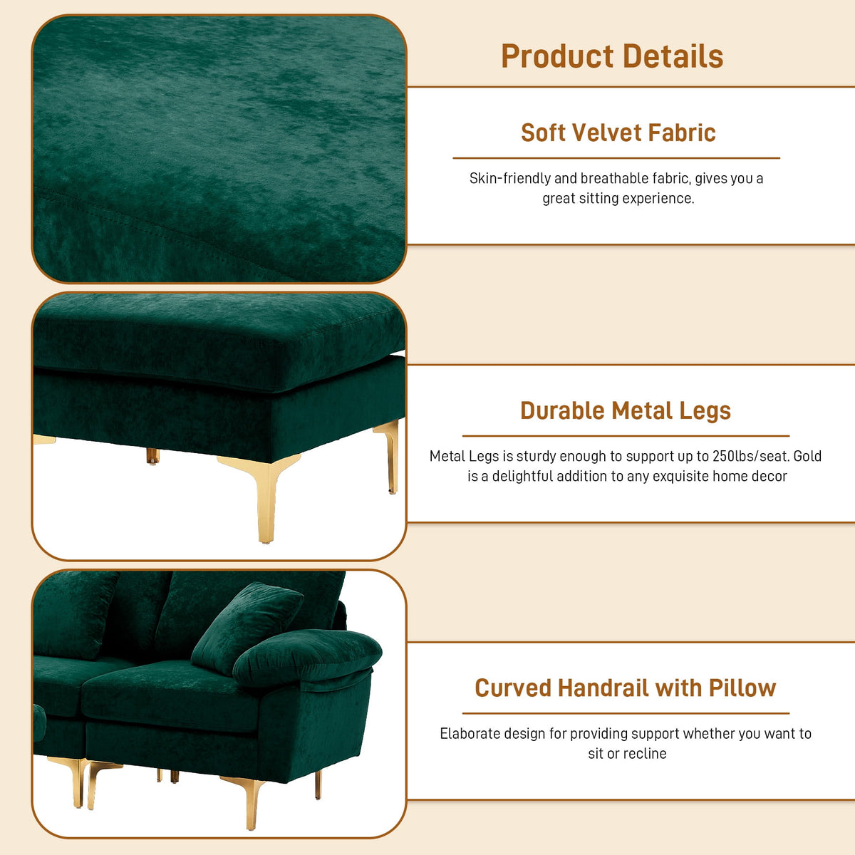Wiilayok 114" U-Shaped Sectional Sofa,Velvet Modular 4 Seat Sofa Set for Living Room,Convertible L Shaped Sofa Couch Set with Chaise Lounge, Ottoman and Pillows