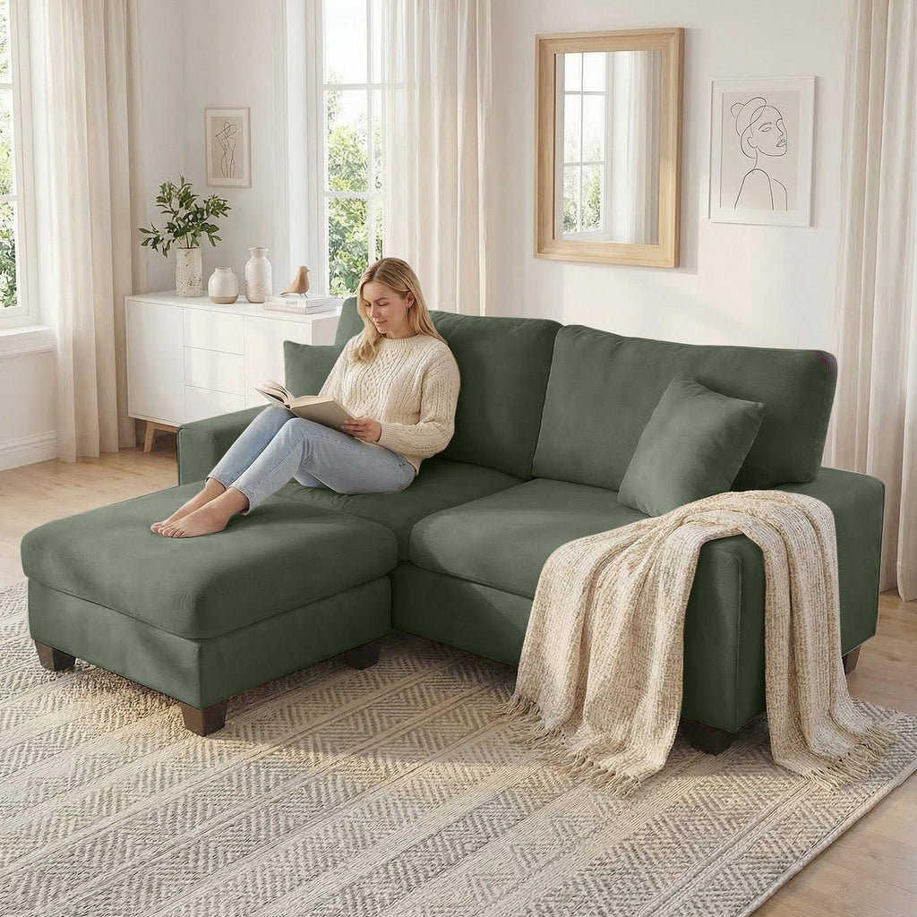 Poshby 88.58''W Sectional Sofa 3 Seater Couch with Chenille, Modern Square Arm for Living Room, Light Green