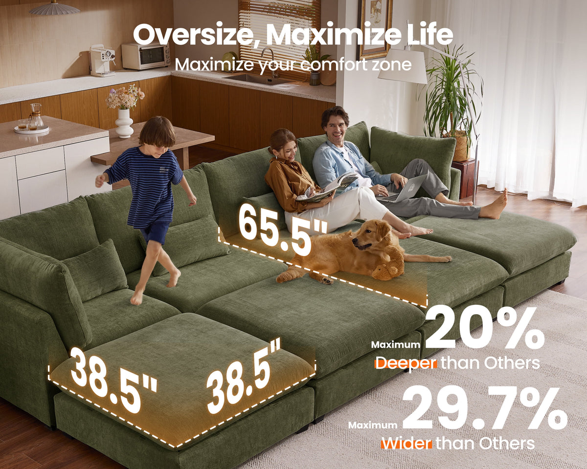 CHIC HOUSE Oversized Modular Sofa,Extra Deep Cloud Corduroy Sectional Couch with Ottoman Chaise,FSC Certified Fluffy Chenille Corner V Shape Sofa for Living Room,Villa