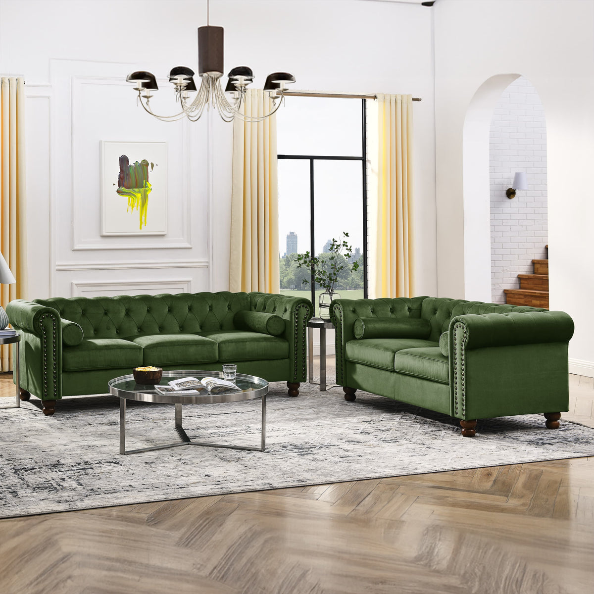 AmoDwell Tufted Velvet Sofa Couch for Living Room, Plush Rolled Arm 3-Seater Sofa Couch with Nailhead Trim and 2 Neck Roll Pillows, Small Apartment Chesterfield Sofa