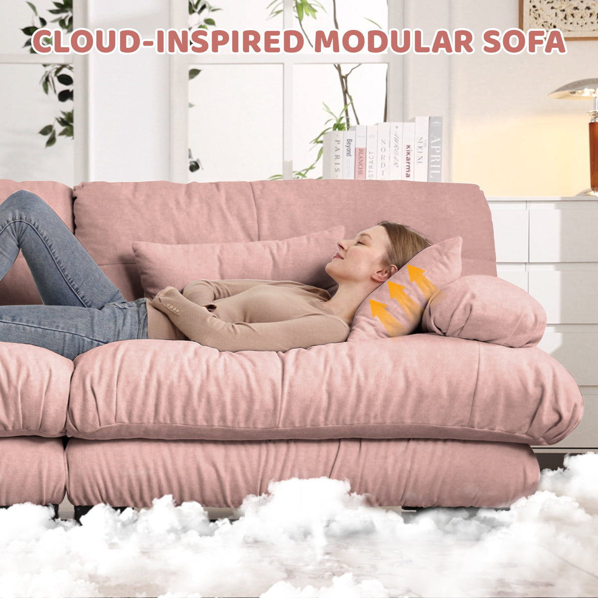 Villeston 133.8" 3-Seater Comfy Modular Sectional Sofa, U Shaped Couch with Deep Seat for Living Room(Chenille Pink)