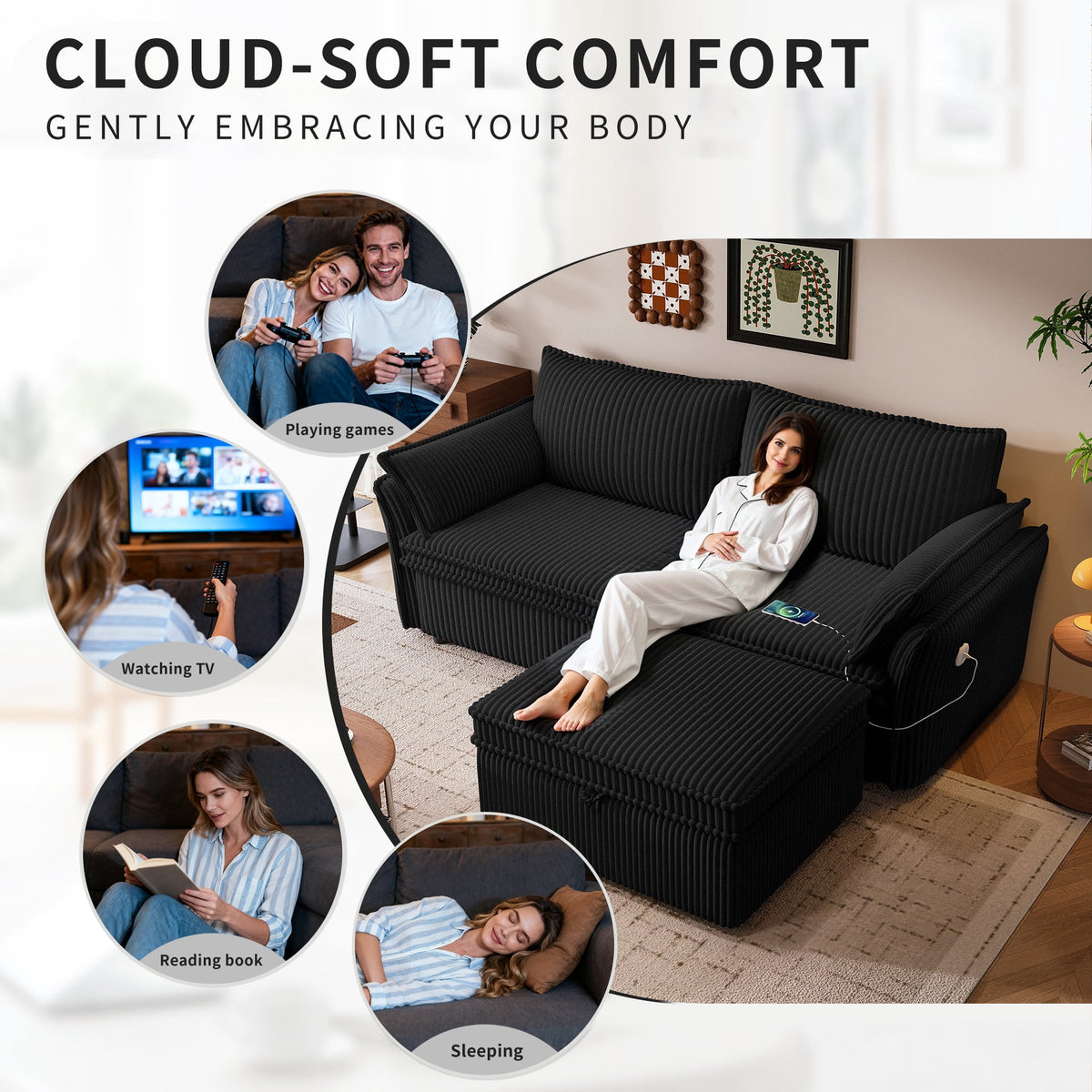  Pull Out Sofa Bed Queen Size, 85" Loveseat Sofa with Movable Ottoman, USB Charging Port, Corduroy Sofa Couch Convertible Sofa Bed for Living Room Black