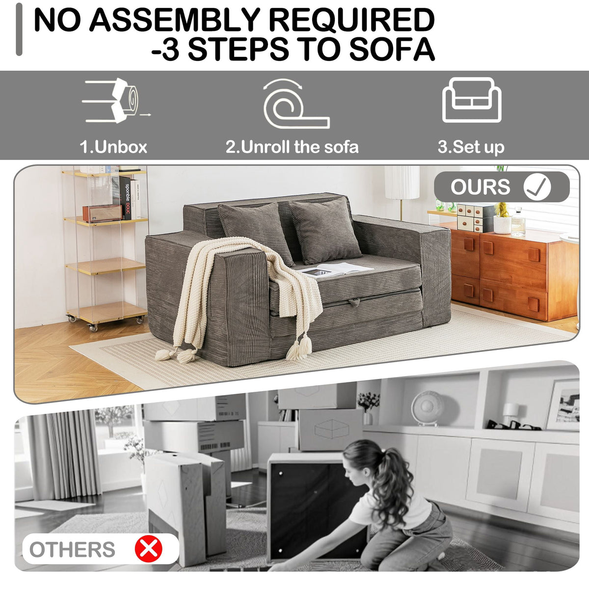Vicluke Convertible Memory Foam 3-seat Sofa & Loveseat, Pull Out Sleeper Sofa Bed, 2 in 1 Folding Couch Bed, Fold Out Floor Couch Corduroy Fabric with Pillows for Living Room Bedroom Lounge(Grey)