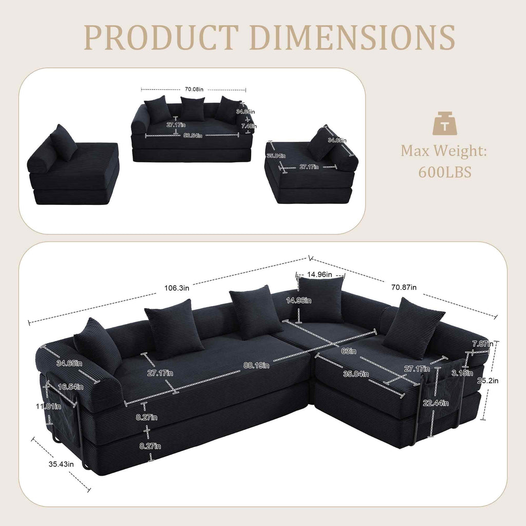 Timbernest 106" Oversized L-Shaped Cloud Couch, Convertible Sleeper Sofa, Folding Corduroy Sofa Bed for Living Room, Black
