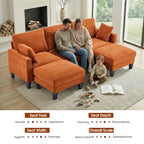  U-Shaped Sofa with 2 Removeable Ottoman Footrests, Flannel Deep Seating Couch for 3, Converts to Sleeper for Bedroom Living Room Furniture Orange