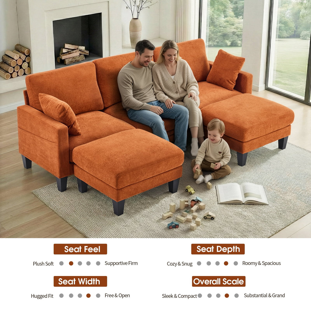  U-Shaped Sofa with 2 Removeable Ottoman Footrests, Flannel Deep Seating Couch for 3, Converts to Sleeper for Bedroom Living Room Furniture Orange