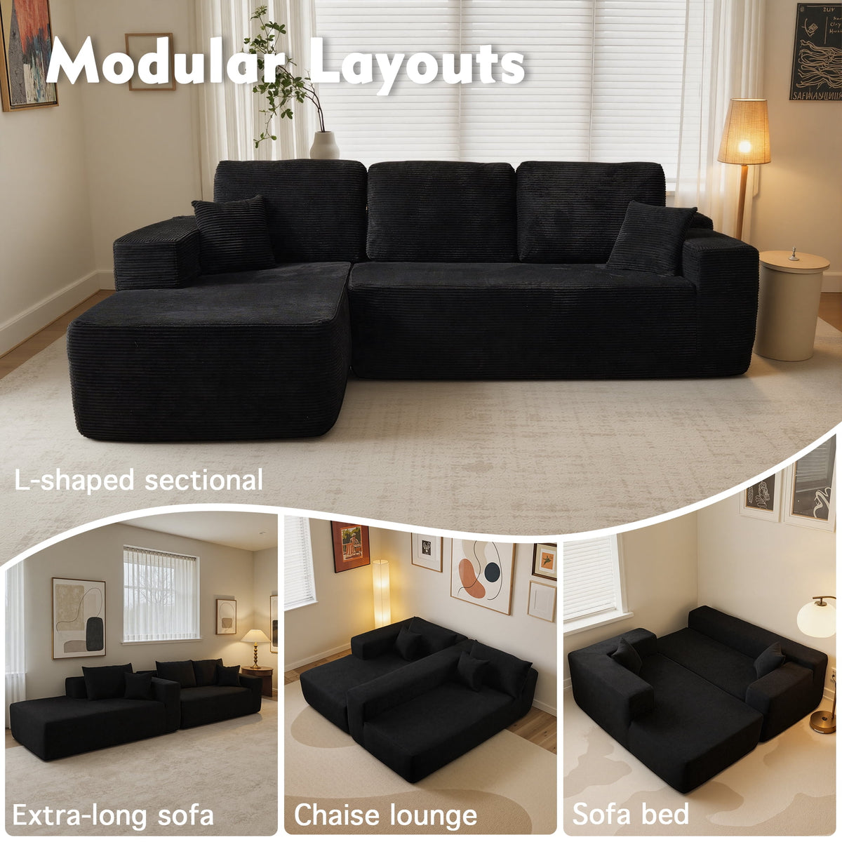  106" Boneless Sectional Couch, Deep Seat Modular L-Shaped Sofa with Chaise for Living Room, Apartment, Black (Corduroy)