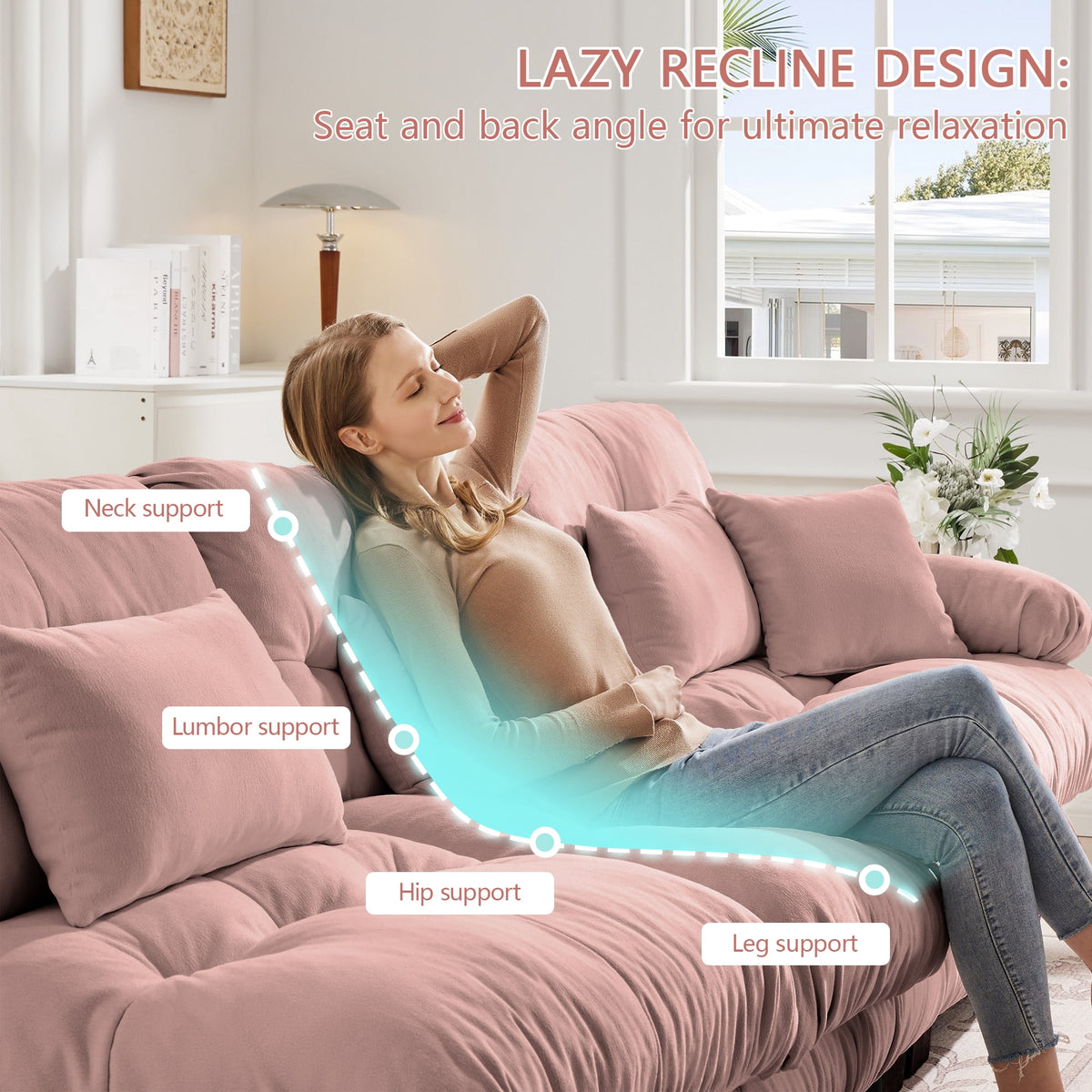 Villeston 133.8" 3-Seater Comfy Modular Sectional Sofa, U Shaped Couch with Deep Seat for Living Room(Chenille Pink)