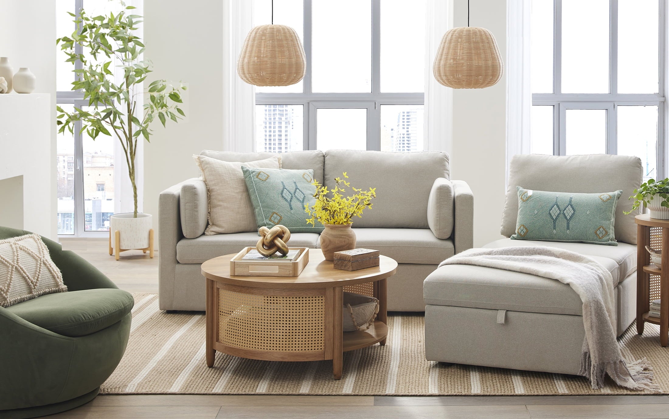  100'' Modular Sectional Sofa with Storage Ottoman, White Linen